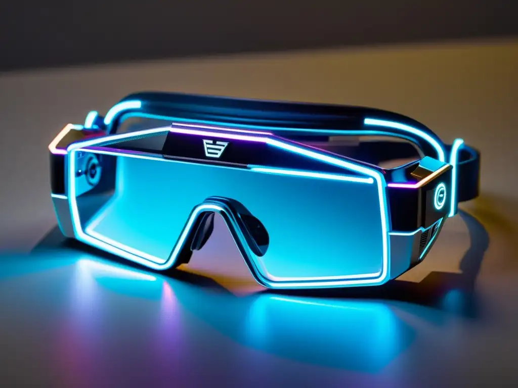 Un par de Gafas de Realidad Aumentada Cyberpunk Asiáticas con diseño futurista y luces neón, con una mezcla de plata metálica, negro brillante y acentos neón vibrantes