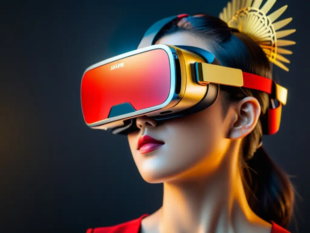 Un par de gafas de realidad virtual asiática con diseño moderno y elegante, detalles en oro y rojo, creando un ambiente futurista y sofisticado