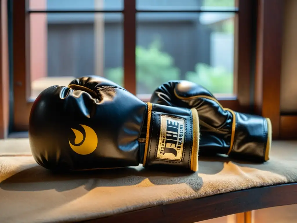 Un par de guantes de entrenamiento de Jeet Kune Do, desgastados pero llenos de historia, iluminados por la luz