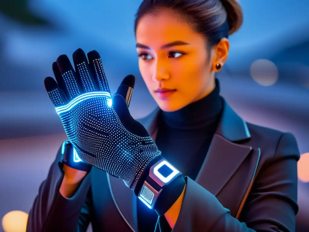 Un par de guantes inteligentes tecnología japonesa, con intrincada electrónica y diseño minimalista, mostrando la interacción táctil con el usuario