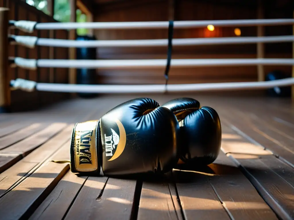 Par de guantes de Muay Thai desgastados sobre banco de madera en gimnasio