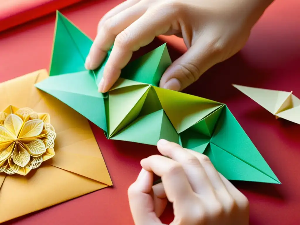 Un par de manos expertas doblan con delicadeza un papel de origami en un diseño tradicional