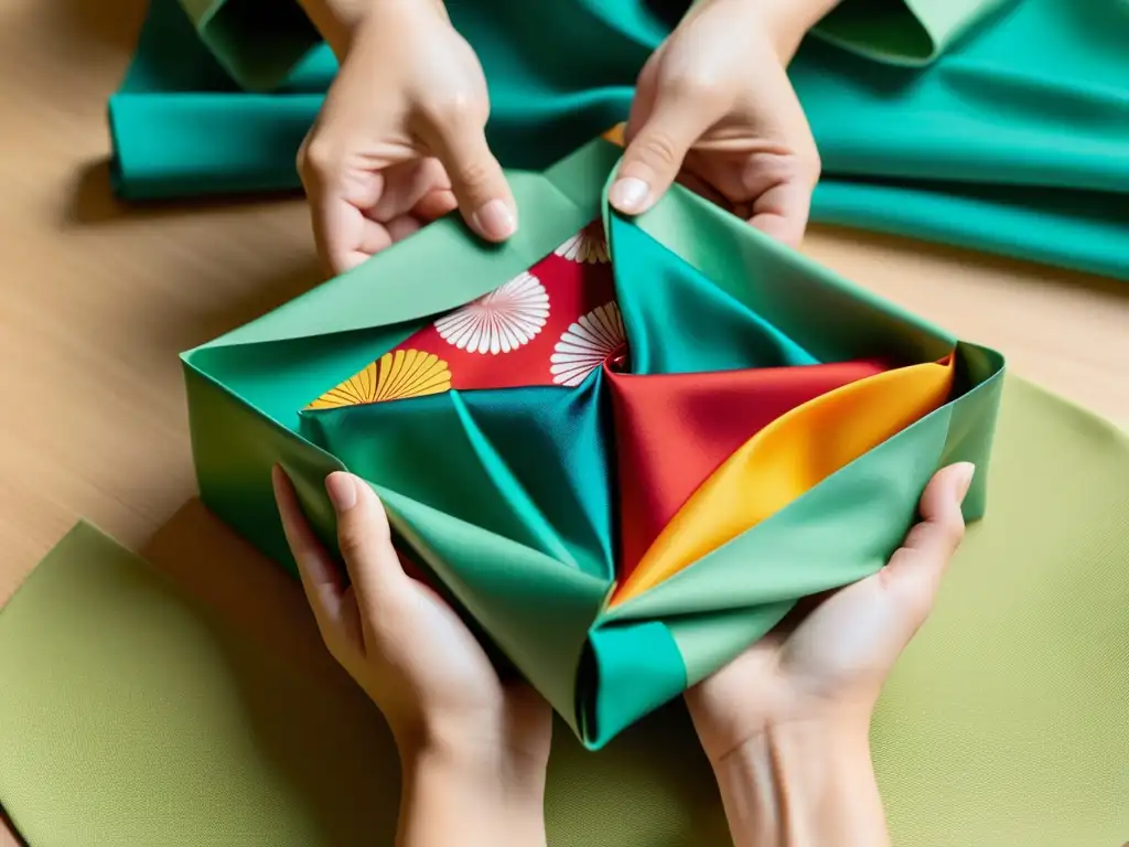 Un par de manos expertas plegando un vibrante pañuelo Furoshiki alrededor de un regalo bellamente envuelto, en un escenario japonés sereno