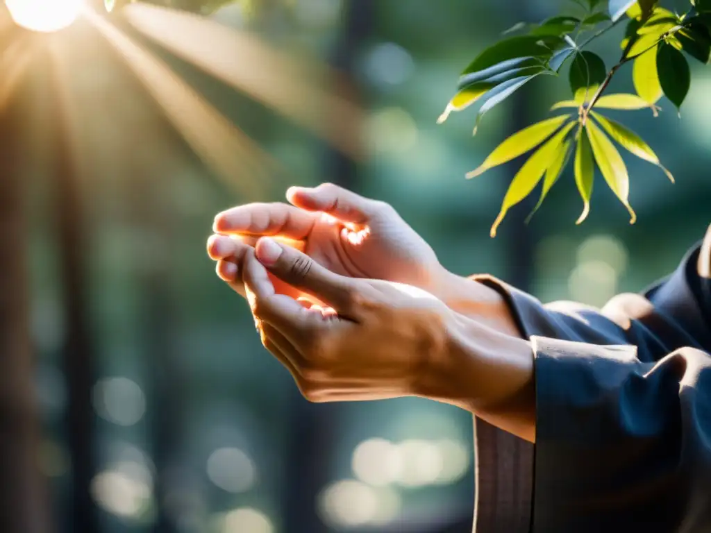 Par de manos en posición tranquila y alerta, con luz solar entre ramas