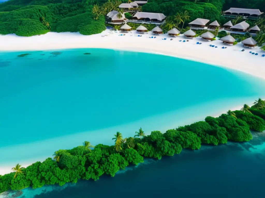 Un paraíso tropical en Filipinas con un lujoso resort y spa en la playa, rodeado de palmeras y aguas turquesa