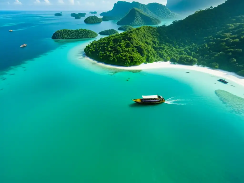 Descubriendo paraísos ocultos en el mar de Asia: aguas turquesas, islas verdes y barcos en la costa, un escenario brillante y tranquilo