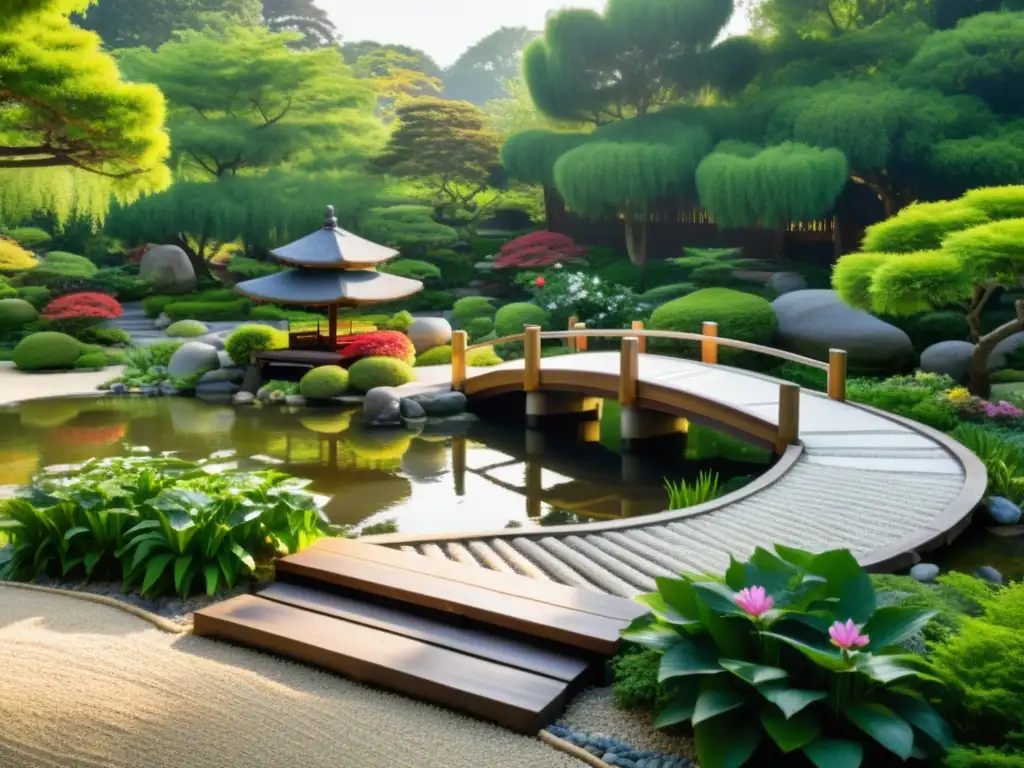 Jardín Zen con paralelismos entre Mística Oriental: grava, vegetación exuberante, estanque y puente de madera