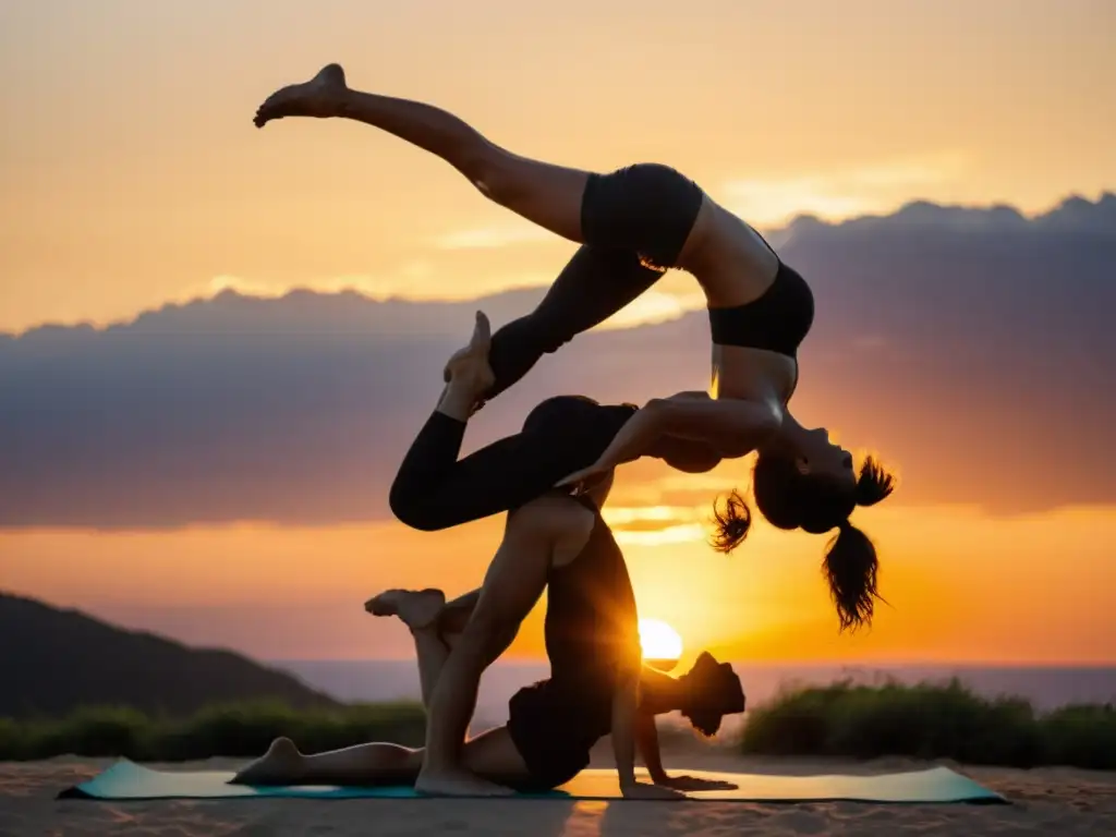 Una pareja practica acroyoga al atardecer, mostrando fuerza, equilibrio y confianza