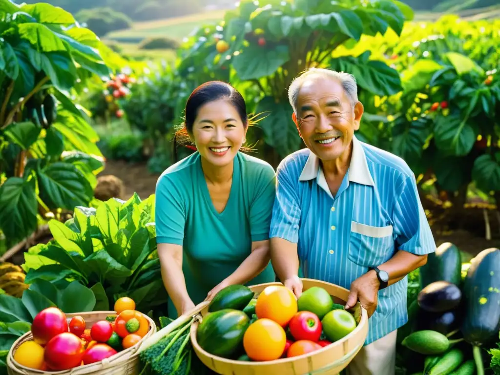 Una pareja anciana de Okinawa cosechando frutas y verduras en un jardín soleado