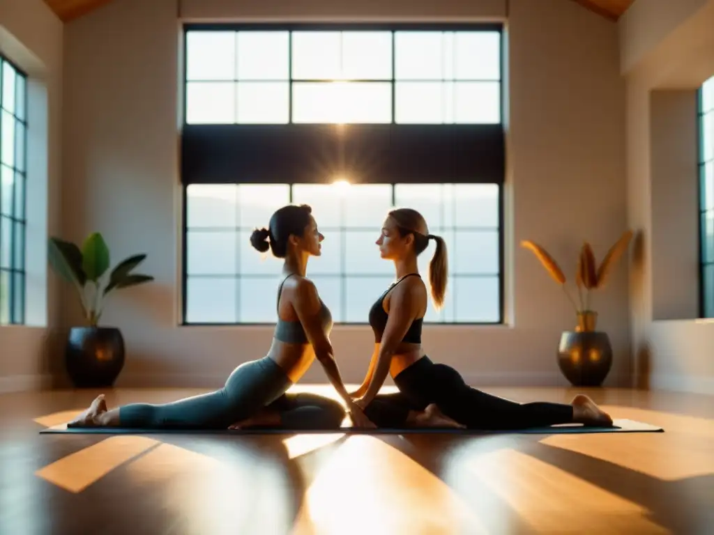 Una pareja en armonía ejecuta una asana en un estudio de yoga, mostrando los beneficios del yoga en pareja