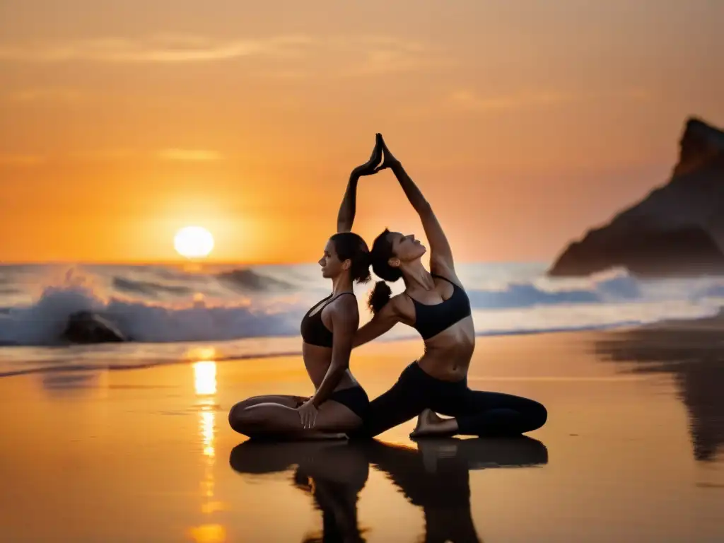 Una pareja practica yoga al atardecer en la playa, mostrando la conexión y beneficios del yoga en pareja