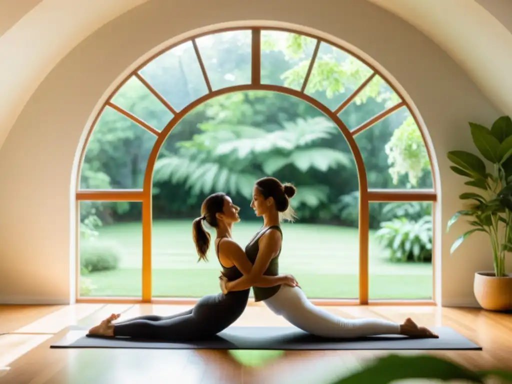 'Una pareja practica yoga en una habitación soleada con vista a un jardín exuberante, reflejando los beneficios del yoga en pareja'