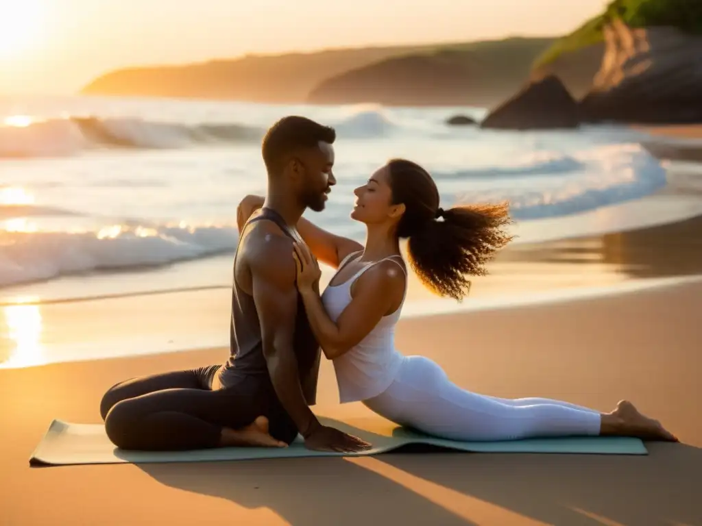 Una pareja practica yoga en pareja en una playa serena y soleada, reflejando armonía y conexión profunda