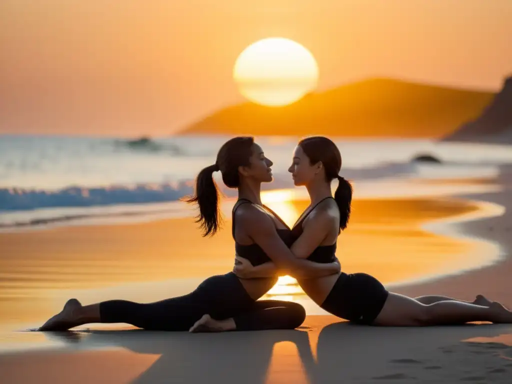 Una pareja practica yoga en pareja en una playa serena al atardecer, mostrando fuerza, equilibrio y conexión