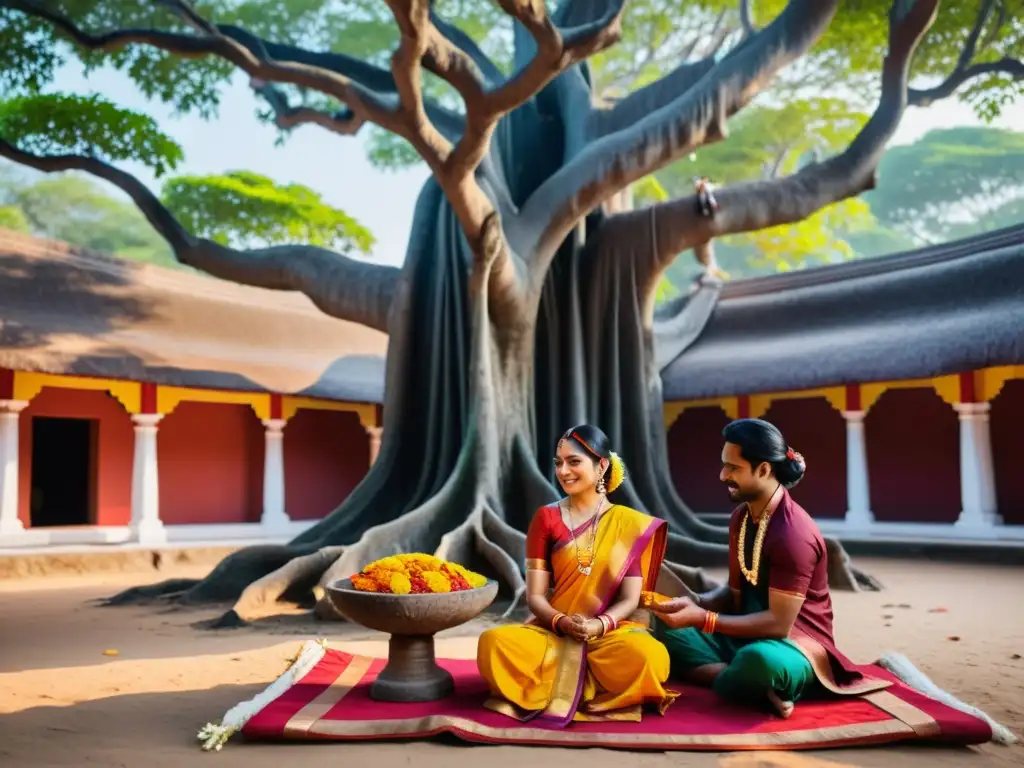 Una pareja hindú realiza un ritual bajo un árbol sagrado en un vibrante festival hindú amor conyugal, con devoción y amor