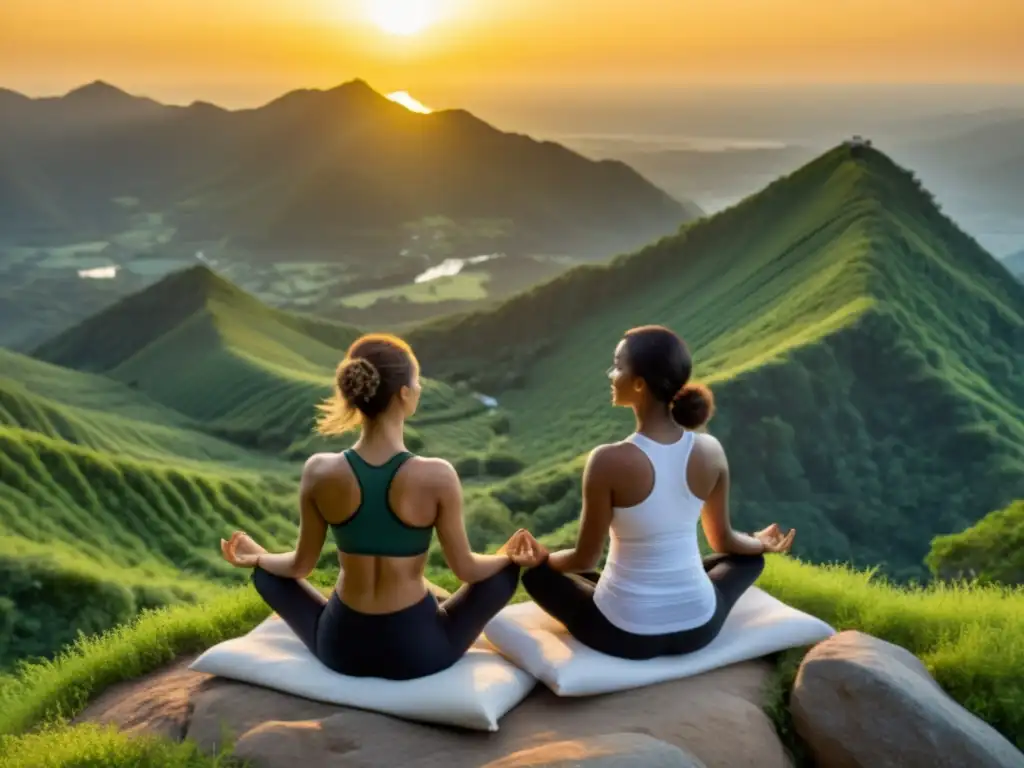 'Una pareja practica yoga sincronizado al amanecer en la cima de una montaña, reflejando armonía y unidad espiritual