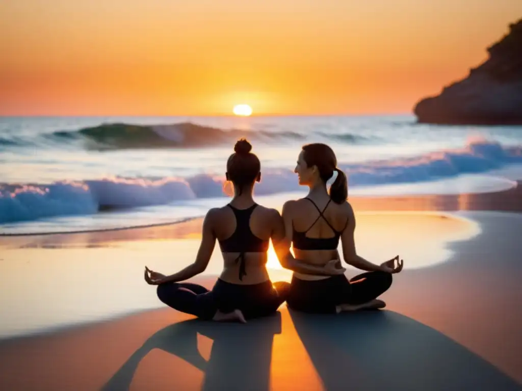 Una pareja practicando yoga en pareja en una playa escénica al amanecer, demostrando confianza, equilibrio y armonía