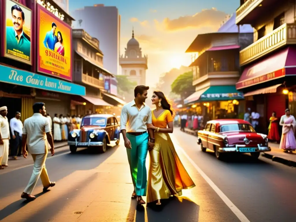 Parejas paseando por una animada calle de Mumbai, India, llena de coloridos pósters de películas románticas de Bollywood