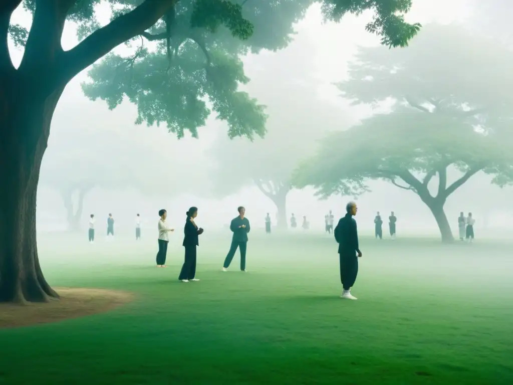 Práctica de Tai Chi en parque neblinoso, fusionando medicina tradicional asiática y espiritualidad en serena armonía matutina