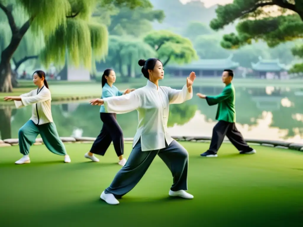 Práctica de Tai Chi al amanecer en un parque tranquilo y exuberante