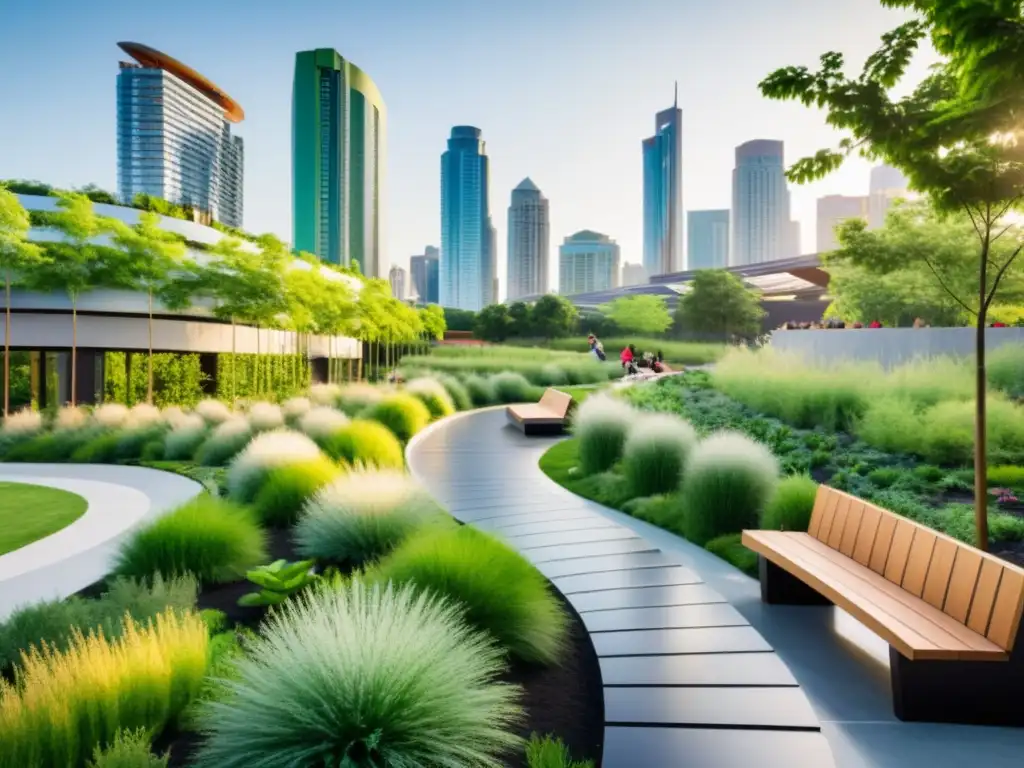 Un parque urbano moderno con arquitectura sostenible, zonas verdes y gente disfrutando del espacio al aire libre