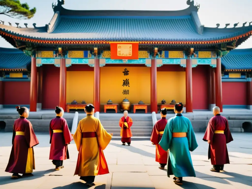 Participantes en ceremonia confuciana en templo ornamentado, demostrando principios confucianos en la cultura contemporánea