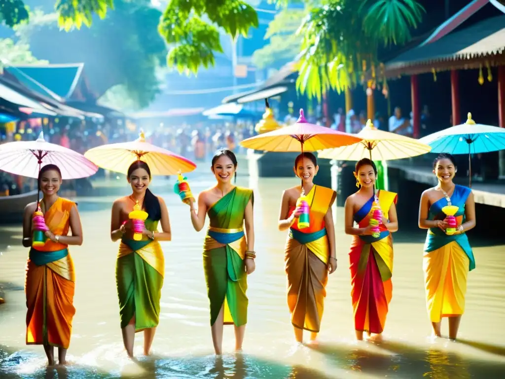 Festival Songkran: alegría y color en Tailandia Participantes felices en el festival Songkran, con trajes tradicionales tailandeses y coloridos paraguas y pistolas de agua