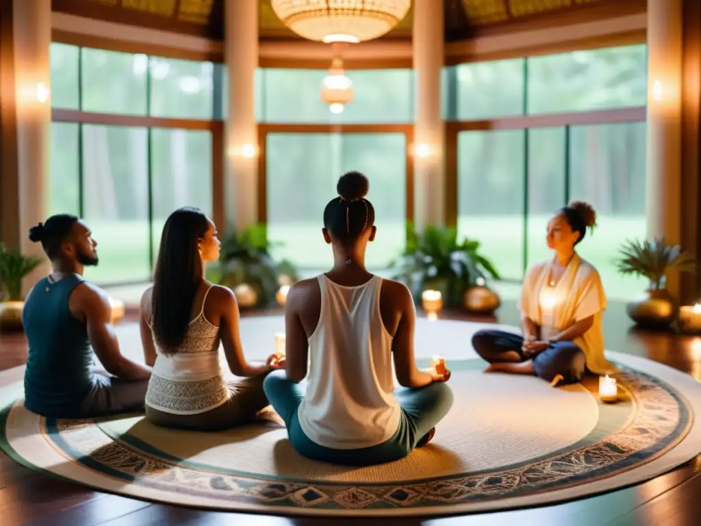 Participantes en profunda meditación en un hermoso salón rodeado de tapices y velas