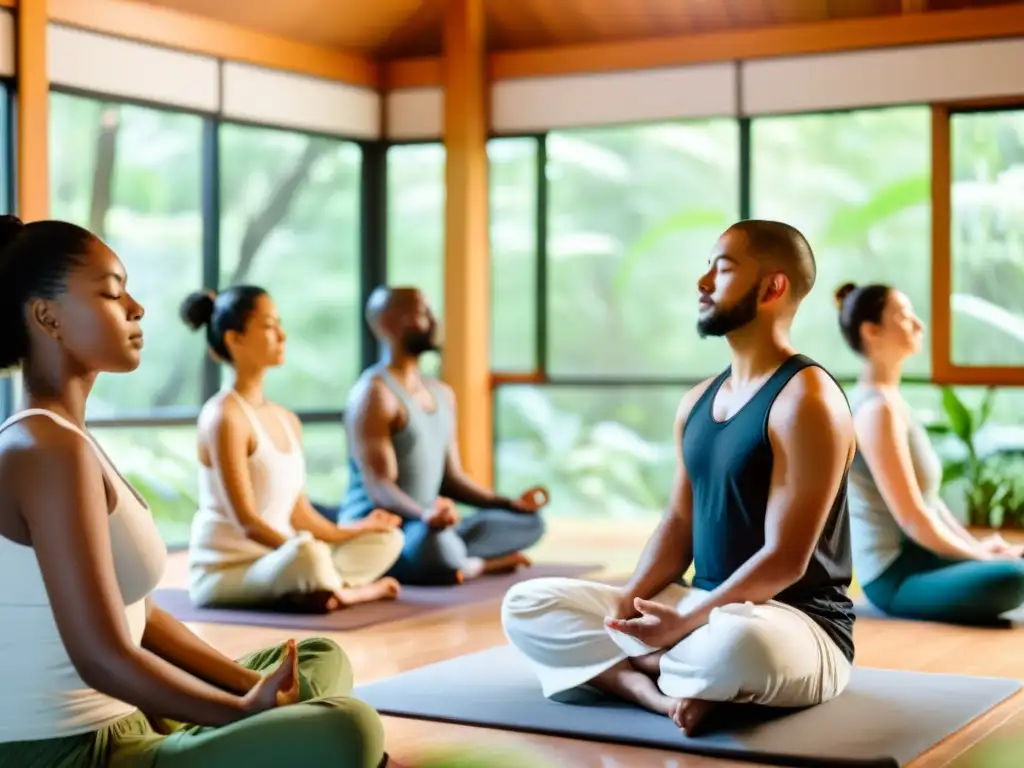 Participantes en retiros de meditación Vipassana contemporánea, en serena contemplación rodeados de naturaleza exuberante y luz natural