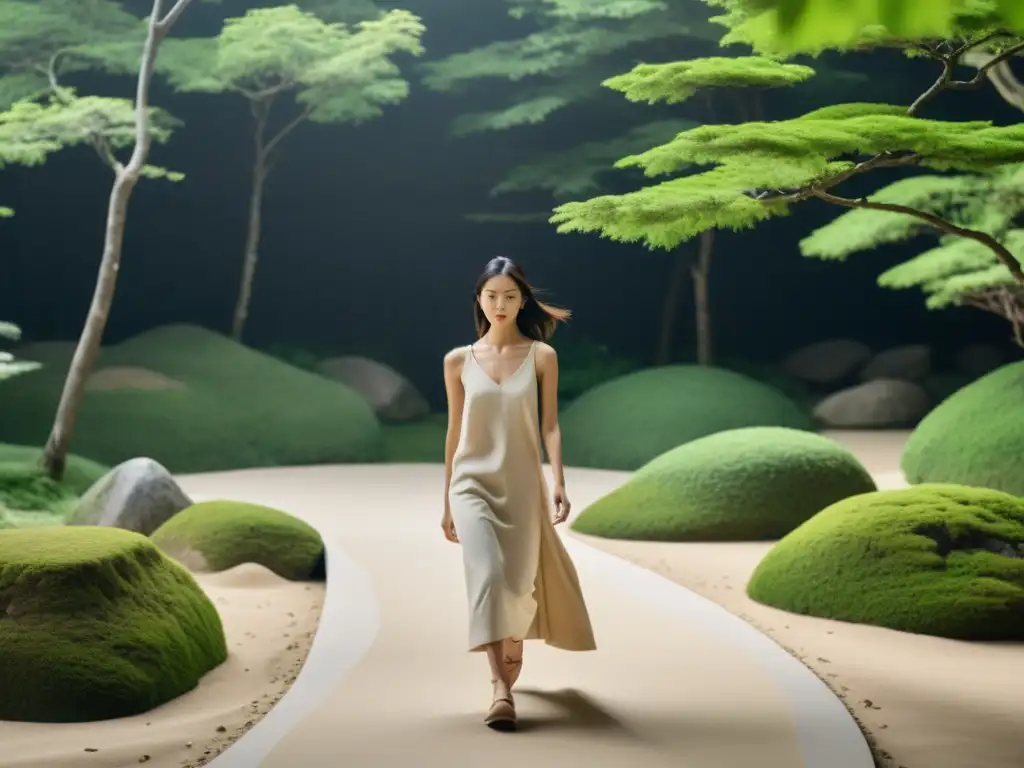 Una pasarela de moda en Japón con influencia del Zen: modelos elegantes, prendas sostenibles y un jardín Zen, creando harmonía y serenidad