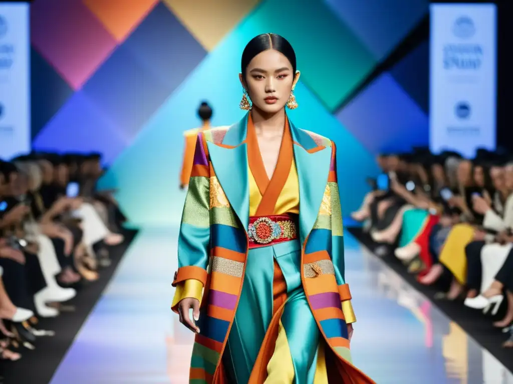 Una pasarela de moda de lujo asiática con combinaciones innovadoras de colores y texturas, destacando un deslumbrante atuendo inspirado en Asia