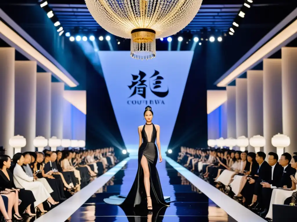 Una pasarela de moda de lujo en China, con un vestido inspirado en dragón como centro, fusionando la elegancia tradicional con la moda contemporánea