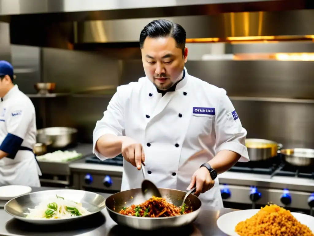 David Chang lidera con pasión un equipo diverso de chefs en una cocina profesional, creando historias de éxito culinario asiático