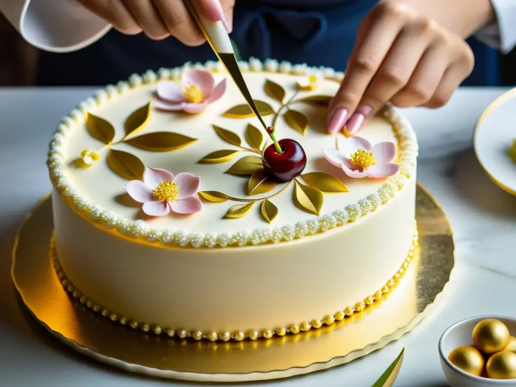 Un pastel de flor de cerezo, decorado con hojas de oro por un experto pastelero en una pastelería asiática de lujo