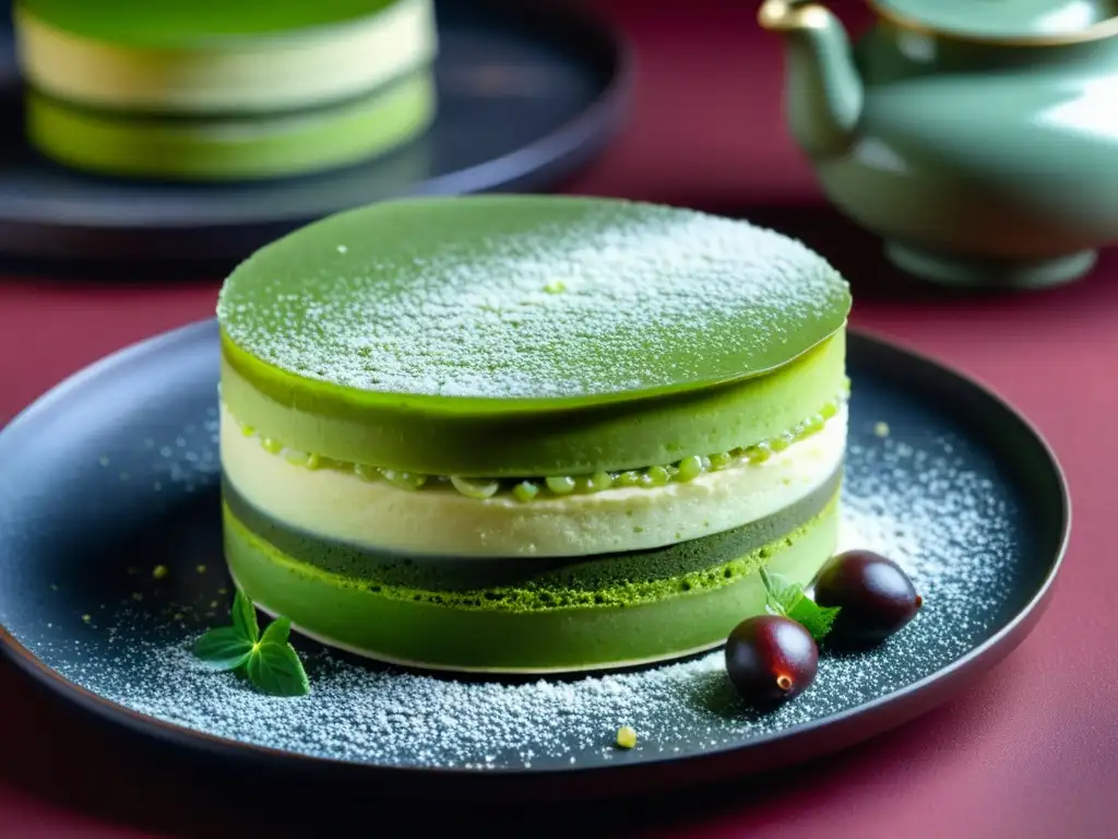 Un pastel de mille crepe de matcha y frijol rojo, fusionando sabores asiáticos y técnicas occidentales con elegancia y sofisticación