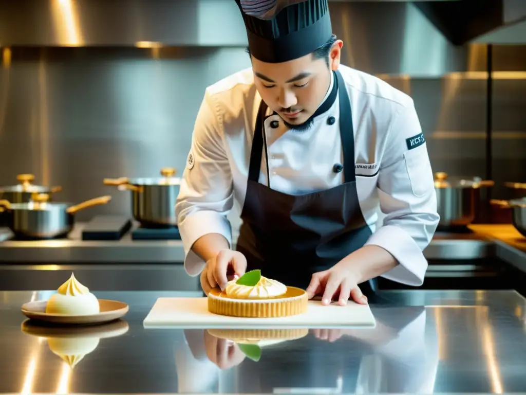 Un pastelero profesional crea un postre fusionado, mostrando la influencia asiática en postres occidentales