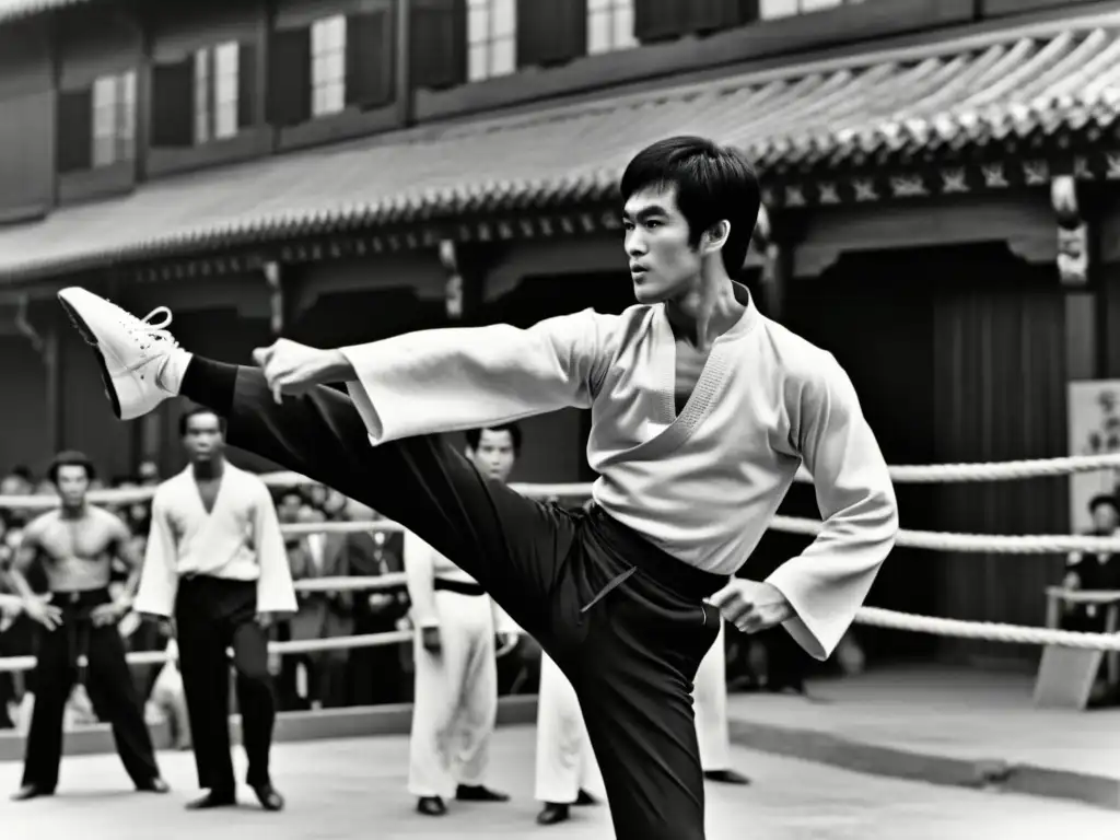 Bruce Lee ejecuta una patada alta en un set de película, vistiendo un uniforme tradicional