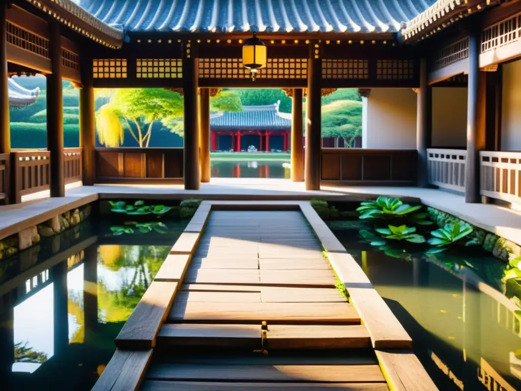 Un patio asiático tradicional con edificaciones de madera y un puente de piedra sobre un tranquilo estanque