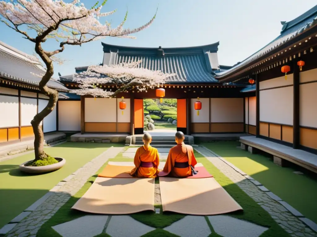 Un patio sereno y soleado con un sendero de piedra entre exuberante vegetación, llevando a un templo japonés tradicional entre cerezos en flor