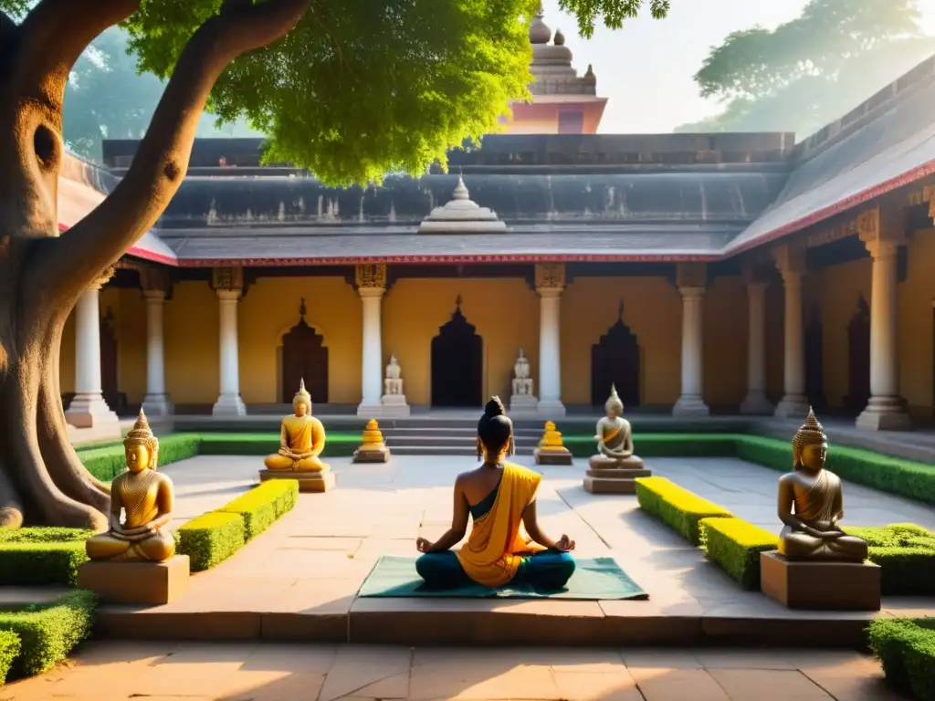 Un patio de templo en India con estatuas, carvings y naturaleza exuberante, creando una atmósfera de transformación espiritual a través del tantra