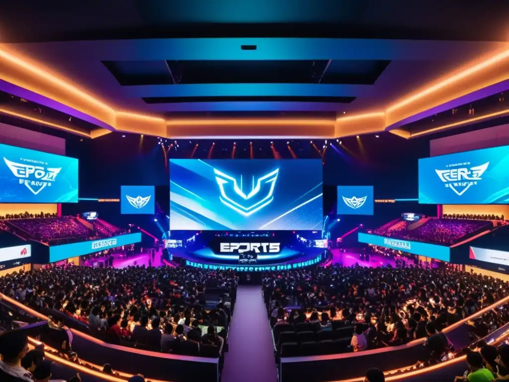 Patrocinios y financiamiento revolucionan los eSports en Asia, con fans entusiastas y pantallas LED vibrantes en un estadio lleno de energía y emoción