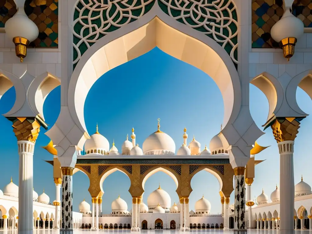 Patrones geométricos en el arte islámico: Detalle de la fachada de la Mezquita Sheikh Zayed en Abu Dhabi, con intrincados diseños de mármol y mosaicos resaltados por la luz y la sombra