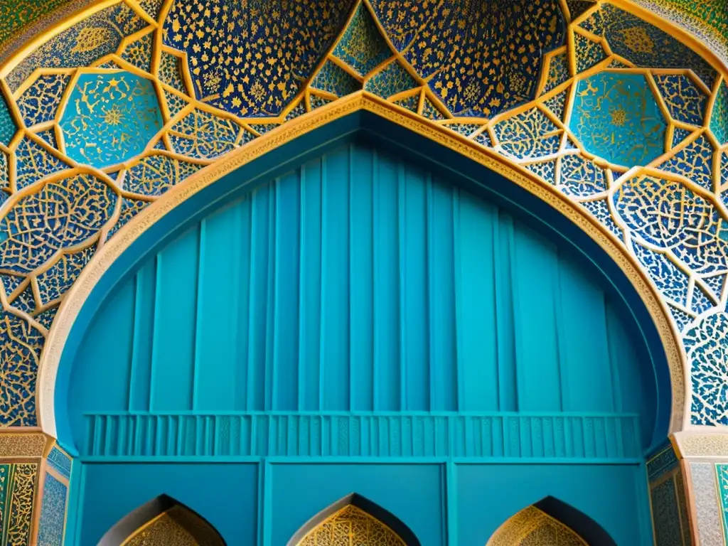 Patrones geométricos en el arte islámico: Detalle de la mezquita Sheikh Lotfollah en Isfahán, Irán, con intrincados diseños en azul y turquesa