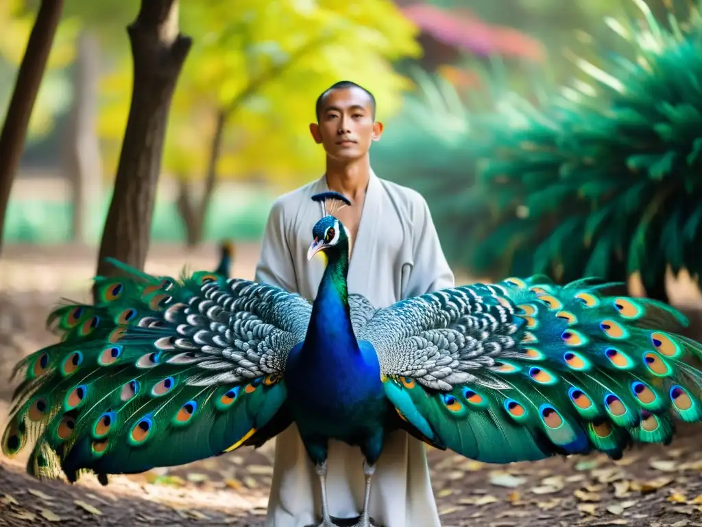 Monje jainista alimenta a los pavos reales en el bosque: ética animal en el jainismo