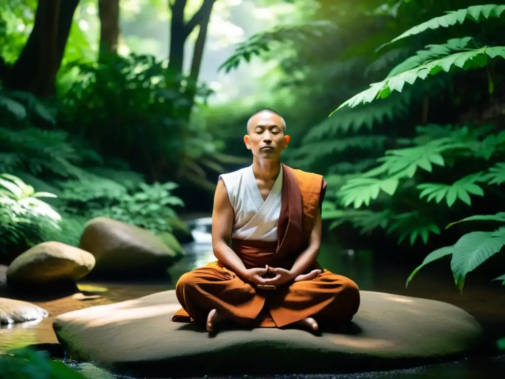 Paz a través del silencio en el Jainismo: Imagen de un monje sentado en meditación en un bosque sereno, rodeado de exuberante vegetación