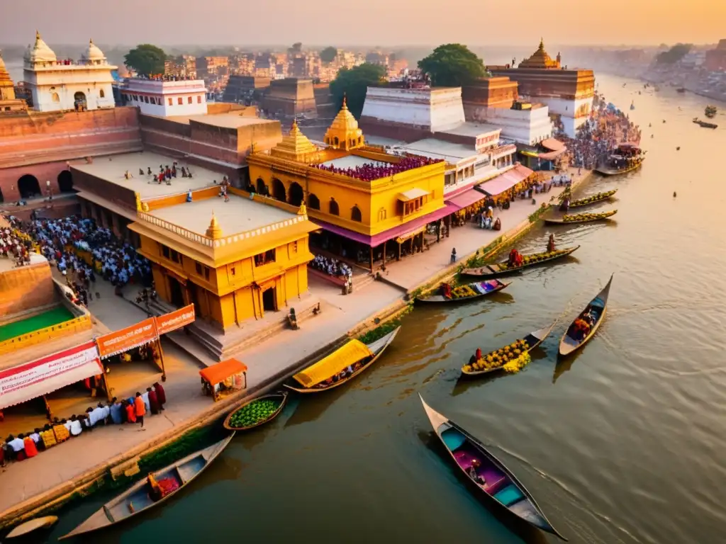 Peregrinaciones hindúes lugares sagrados: Vista aérea de Varanasi, India, con el río Ganges, templos antiguos, ghats y peregrinos realizando rituales