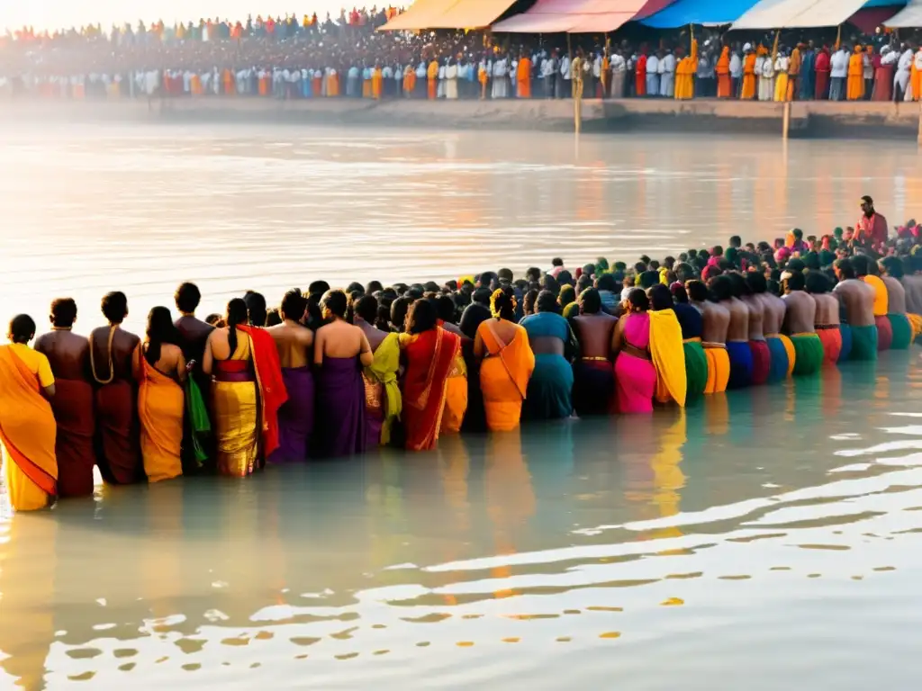 Peregrinaciones hindúes lugares sagrados: Devotos se bañan en el sagrado río Ganges durante el festival Kumbh Mela, creando un espectáculo visual vibrante y lleno de energía espiritual