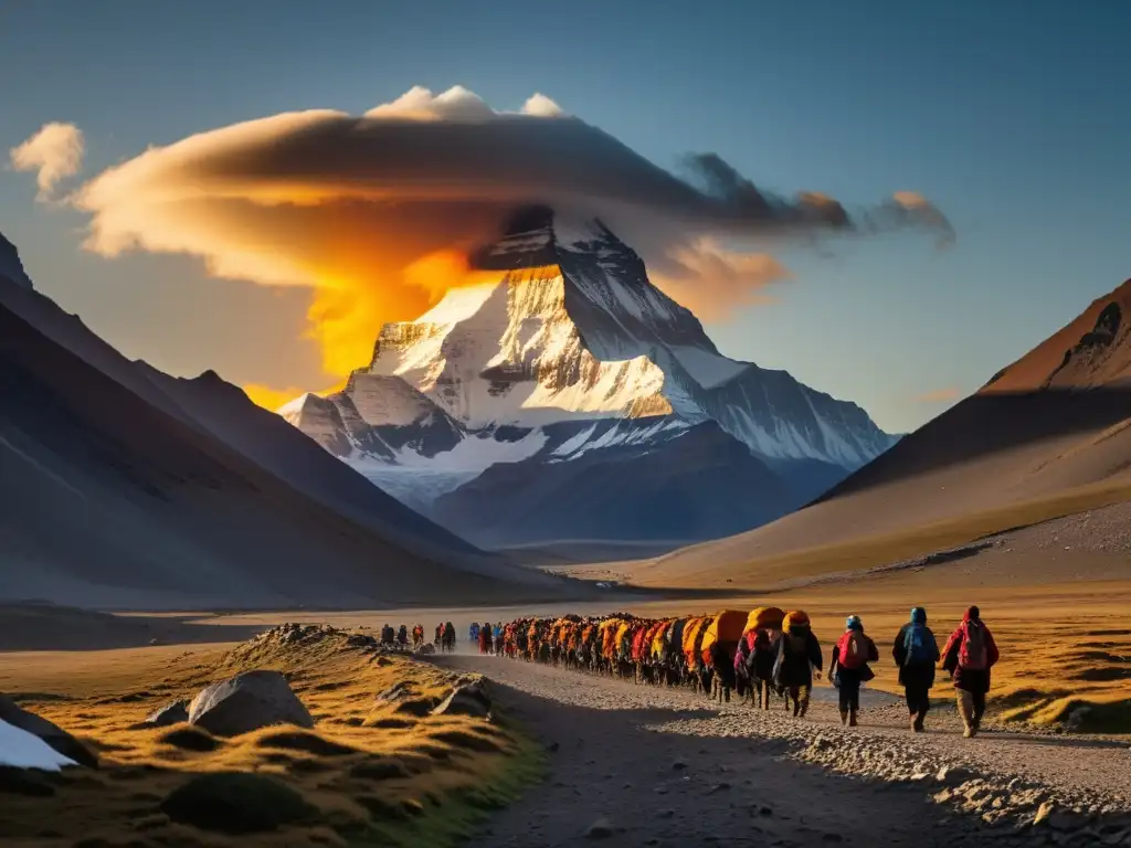 Peregrinaciones al Monte Kailash, cultura asiática: Puesta de sol dorada sobre las cumbres nevadas, peregrinos en camino