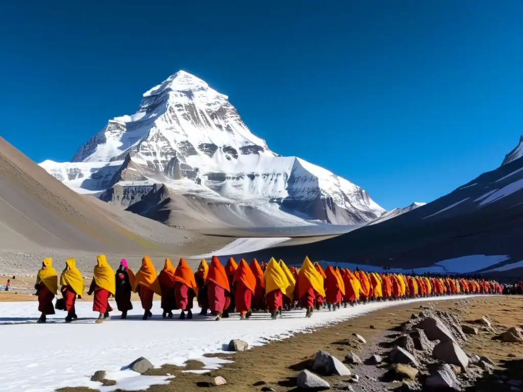 Peregrinaciones al Monte Kailash: peregrinos asiáticos con trajes tradicionales caminan alrededor de la montaña nevada