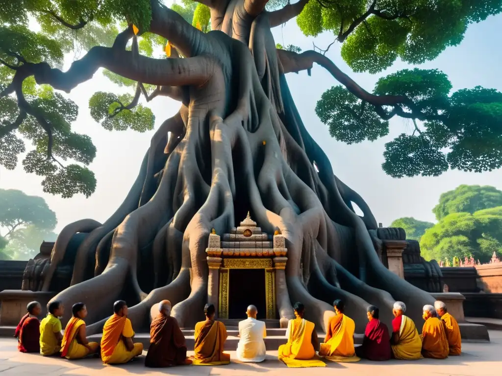 Peregrinos rezando bajo el árbol Bodhi en Mahabodhi Temple, India, simbolizando el 'Equilibrio perfecto en Budismo'